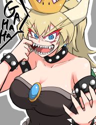 Rule 34 | 1girl, bad id, bad pixiv id, bare shoulders, blonde hair, blue eyes, bowsette, bracelet, breasts, cleavage, collar, collarbone, commentary request, crazy eyes, crown, earrings, forked eyebrows, grey background, highres, horns, jewelry, large breasts, looking at viewer, mario (series), new super mario bros. u deluxe, nintendo, nuka cola06, open mouth, ponytail, simple background, solo, spiked bracelet, spiked collar, spikes, super crown, teeth