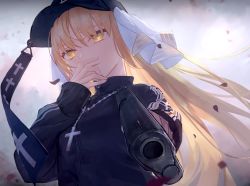 Rule 34 | 1girl, absurdres, baseball cap, black hat, blonde hair, blurry, blurry foreground, cherry blossoms, covering own mouth, female focus, floating hair, grin, gun, hair ornament, half-closed eyes, handgun, hat, highres, holding, holding gun, holding weapon, huge filesize, light brown hair, long hair, long sleeves, looking at viewer, nijisanji, parted lips, petals, pistol, ribbon, rosary, simple background, sister claire, smile, solo, streetwear, symbol-shaped pupils, t6 ti, upper body, virtual youtuber, weapon, white ribbon, yellow eyes, zipper, zipper pull tab