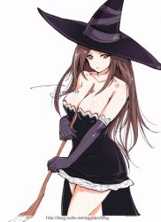 Rule 34 | 1girl, bare shoulders, between breasts, black gloves, breasts, brown eyes, brown hair, cleavage, dragon&#039;s crown, elbow gloves, female focus, gloves, hat, jon tw, large breasts, long hair, miniskirt, simple background, skirt, solo, sorceress (dragon&#039;s crown), staff, standing, vanillaware, white background, witch hat