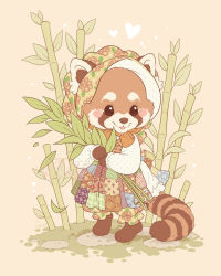 Rule 34 | animal, bamboo, brown background, dress, full body, heart, holding, hood, hood up, long sleeves, looking at viewer, multicolored clothes, multicolored dress, no humans, open mouth, original, samantha whitten, smile, solo, standing, tanuki