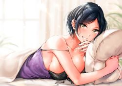 Rule 34 | 1girl, backlighting, bare shoulders, bed sheet, black bra, black hair, blush, bra, breasts, breasts out, camisole, camisole pull, cleavage, clothes pull, collarbone, hayami kanade, highres, idolmaster, idolmaster cinderella girls, kuguri oimo, large breasts, looking at viewer, on bed, parted bangs, pillow, purple camisole, short hair, smile, solo, strap slip, underwear, window, yellow eyes