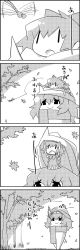 Rule 34 | 1girl, 4koma, :x, autumn leaves, bow, bug, chibi, chibi on head, cirno, comic, commentary request, dragonfly, forest, greyscale, hair bow, hat, highres, ice, ice wings, insect, letty whiterock, mini person, minigirl, monochrome, nature, on head, open mouth, scarf, smile, swatting, tani takeshi, touhou, translation request, triangular headpiece, under covers, walking, wind, wings, yukkuri shiteitte ne, | |