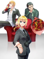 Rule 34 | 1girl, 2boys, ahoge, alcohol, artoria pendragon (all), artoria pendragon (fate), bad id, bad pixiv id, black hair, blonde hair, bouquet, chair, couch, diarmuid ua duibhne (lancer) (fate), earrings, fate/zero, fate (series), flower, formal, gilgamesh (fate), gloves, green eyes, highres, jewelry, long hair, looking at viewer, mole, mole under eye, multiple boys, necklace, necktie, outstretched hand, pant suit, pants, ponytail, red eyes, red flower, red rose, red upholstery, rose, ruchi, saber (fate), single glove, suit, wine, yellow eyes, yellow flower, yellow rose