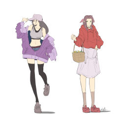 Rule 34 | 2girls, aerith gainsborough, automatic giraffe, black hair, brown hair, casual, crop top, final fantasy, final fantasy vii, final fantasy vii remake, flat color, hat, jacket, looking at viewer, multiple girls, purple jacket, red jacket, shoes, short shorts, shorts, simple background, smile, sneakers, standing, thighhighs, tifa lockhart, white background
