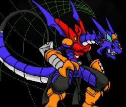 Rule 34 | 1boy, arresterdramon, artist request, black background, claws, digimon, digimon (creature), dragon, dragon tail, globes, green eyes, horns, looking to the side, simple background, tail, wings