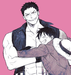 Rule 34 | 2boys, abs, bara, blush, charlotte katakuri, crossed arms, facial scar, fangs, fangs out, gloves, happy, hat, hat on back, height difference, hug, large pectorals, long sleeves, looking to the side, male focus, mature male, monkey d. luffy, monochrome, multiple boys, muscular, muscular male, nography, one piece, open clothes, open vest, pectoral cleavage, pectorals, pink background, pink eyes, pink theme, scar, scar on cheek, scar on face, shirt, short hair, shy, simple background, size difference, smile, stitched mouth, stitches, straw hat, sweatdrop, teeth, upper body, vest