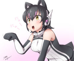 Rule 34 | black hair, elbow gloves, gloves, humboldt penguin (kemono friends), kemono friends, kemono friends v project, looking at viewer, microphone, multicolored hair, short hair, simple background, tail, taurine 8000mg, virtual youtuber
