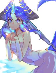 Rule 34 | 1girl, bent over, blue eyes, blue hair, bright pupils, closed mouth, dated, from side, hands up, highres, horns, long hair, looking at viewer, multiple horns, navel, no nipples, nude, original, signature, single horn, solo, tail, yellow pupils, yun-yang