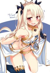 Rule 34 | 1girl, bad id, bad twitter id, bare shoulders, black ribbon, blonde hair, blush, earrings, fate/grand order, fate/stay night, fate (series), hair ribbon, illyasviel von einzbern, ishtar (fate), jewelry, long hair, looking at viewer, navel, open mouth, red eyes, ribbon, sasahara wakaba, single thighhigh, smug, solo, thighhighs, tohsaka rin, twintails, two side up