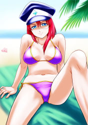 Rule 34 | 00s, 1girl, arm support, beach, bikini, blue eyes, day, forte stollen, galaxy angel, hat, highres, monocle, normad, red hair, short hair, solo, swimsuit, tsunamagurou