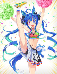 Rule 34 | @ @, animal ears, armpits, arms up, bad id, bad pixiv id, bike shorts, blue hair, blush, breasts, cheerleader, commentary request, heterochromia, highres, horse ears, horse tail, leg up, long hair, midriff, okken, pom pom (cheerleading), shoes, simple background, small breasts, sports bra, tail, teeth, twin turbo (umamusume), umamusume