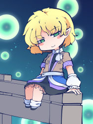 Rule 34 | 1girl, arm warmers, black footwear, blonde hair, chahan (fried rice0614), closed mouth, dress, full body, green eyes, half-closed eyes, highres, mizuhashi parsee, multicolored clothes, multicolored dress, one-hour drawing challenge, pointy ears, scarf, short hair, short sleeves, sitting, smile, solo, touhou, white legwear, white scarf