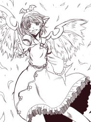 Rule 34 | 1girl, animal ears, bird ears, bird wings, blush, dress, feathers, feet out of frame, fingernails, frilled dress, frilled sleeves, frills, grin, kuon yashiro, long fingernails, long sleeves, monochrome, mystia lorelei, sepia, sharp fingernails, short hair, simple background, smile, solo, touhou, white background, wide sleeves, winged hat, wings