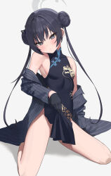 Rule 34 | 1girl, bare legs, black coat, black dress, black gloves, black hair, blue archive, blush, breasts, china dress, chinese clothes, coat, double bun, dragon print, dress, gloves, hair bun, halo, head tilt, highres, holding, holding clothes, inubusa, kisaki (blue archive), kneeling, long hair, looking at viewer, pelvic curtain, simple background, sleeveless, sleeveless dress, small breasts, solo, striped, striped coat, twintails, vertical-striped coat, very long hair, white background