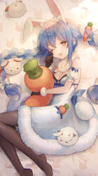 Rule 34 | 1girl, animal ear fluff, animal ears, bare shoulders, black gloves, black leotard, black pantyhose, blue hair, braid, breasts, carrot hair ornament, carrot-shaped pillow, clothing cutout, coat, coat dress, creature, detached sleeves, don-chan (usada pekora), dress, food-themed hair ornament, fur-trimmed coat, fur-trimmed gloves, fur scarf, fur trim, gloves, hair between eyes, hair ornament, highres, hikimayu, hololive, hugging doll, hugging object, leotard, leotard under clothes, light rays, long hair, lying, multicolored hair, niwako, no shoes, on back, on side, one eye closed, orange eyes, pantyhose, pekomon (usada pekora), pillow, pillow hug, puffy short sleeves, puffy sleeves, rabbit, rabbit-shaped pupils, rabbit ears, rabbit girl, rabbit tail, scarf, short eyebrows, short sleeves, sleepy, small breasts, solo focus, strapless, strapless coat, strapless dress, strapless leotard, stuffed carrot, stuffed toy, sunbeam, sunlight, symbol-shaped pupils, tail, thick eyebrows, twin braids, twintails, twitter username, two-tone hair, underboob cutout, usada pekora, usada pekora (1st costume), virtual youtuber, waking up, white coat, white hair, white scarf, white sleeves