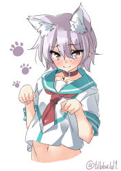 Rule 34 | 10s, 1girl, animal ears, bad id, bad twitter id, blush, cat ears, closed mouth, collar, collarbone, ebifurya, hair between eyes, highres, inactive account, kantai collection, kemonomimi mode, looking at viewer, midriff, navel, neckerchief, paw pose, paw print, pink hair, red eyes, school uniform, serafuku, short hair, short sleeves, simple background, solo, stomach, sweat, tama (kancolle), twitter username, upper body, white background