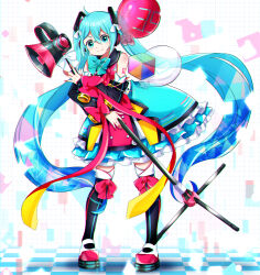 Rule 34 | 1girl, 39, absurdres, balloon, blue bow, blue dress, blue eyes, blue hair, boots, bow, checkered floor, chromatic aberration, commentary request, cube, detached sleeves, dress, frilled dress, frills, full body, hatsune miku, headphones, highres, holding, holding microphone stand, knee boots, long hair, magical mirai (vocaloid), magical mirai miku, magical mirai miku (2018), megaphone, microphone stand, red bow, red ribbon, ribbon, shoulder tattoo, solo, tattoo, twintails, very long hair, vocaloid, white ribbon, yun (sawa-i)