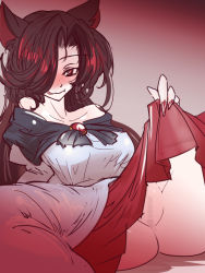 Rule 34 | 1girl, animal ears, bare shoulders, blush, breasts, brooch, brown hair, censored, clothes lift, come hither, dress, dress lift, female focus, fingernails, gradient background, hair over one eye, heart, heart-shaped pupils, imaizumi kagerou, jewelry, large breasts, long fingernails, long hair, long skirt, mosaic censoring, nail polish, naughty face, no panties, off-shoulder dress, off shoulder, pussy, red eyes, skirt, skirt lift, solo, spread legs, symbol-shaped pupils, tongue, touhou, wanaata, wolf ears
