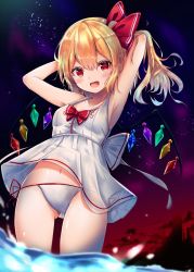 Rule 34 | 1girl, alternate costume, armpits, arms behind head, arms up, bare arms, bare shoulders, bikini, bikini under clothes, blonde hair, blue sky, blush, bow, breasts, cleavage, clothes lift, cloud, collarbone, commentary request, cowboy shot, crystal, dress, dress lift, fang, flandre scarlet, gluteal fold, gradient sky, hair between eyes, hair bow, long hair, looking at viewer, navel, night, night sky, no headwear, one side up, open mouth, purple sky, red bow, red eyes, red sky, renka (cloudsaikou), shiny skin, side-tie bikini bottom, sky, small breasts, smile, solo, standing, stomach, swimsuit, thighs, touhou, water, white bikini, white dress, wings