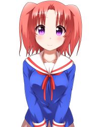 Rule 34 | 1girl, blush, breasts, breasts squeezed together, faubynet, highres, looking at viewer, mikakunin de shinkoukei, purple eyes, red hair, school uniform, serafuku, short hair, simple background, smile, solo, two side up, v arms, white background, yonomori kobeni