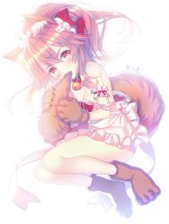 Rule 34 | 1girl, animal ears, arm garter, backlighting, bell, blush, breasts, claws, cleavage, collar, dress, fate/grand order, fate (series), fox ears, fox tail, highres, jingle bell, long hair, looking at viewer, neck bell, off shoulder, pink eyes, pink hair, ponytail, simple background, solo, sora 72-iro, tail, tamamo (fate), tamamo cat (fate), tamamo cat (third ascension) (fate), tamamo no mae (fate/extra), white background, white dress