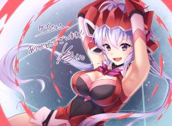 Rule 34 | 1girl, :d, ahoge, armpits, arms up, breasts, cleavage, detached collar, floating hair, hair between eyes, highres, large breasts, leotard, long hair, open mouth, purple eyes, senki zesshou symphogear, shireru illust, silver hair, smile, solo, twintails, very long hair, yukine chris