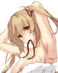 Rule 34 | 10s, 1girl, adjusting hair, armpits, breasts, highres, kantai collection, light brown hair, looking at viewer, mouth hold, murasame (kancolle), naked towel, red eyes, solo, takeichi yui, towel, twintails, tying hair, wet