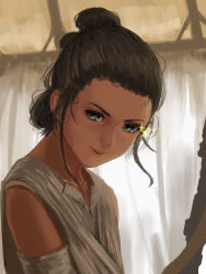 Rule 34 | 1girl, animification, bad id, bad pixiv id, brown hair, completion time, curtains, furukawa herzer, green eyes, highres, indoors, lips, rey (star wars), ringlets, robe, sidelocks, smile, solo, sparkling eyes, staff, star wars, star wars: the force awakens, sweat
