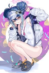 1girl absurdres armpits bare_legs bare_shoulders black_footwear blue_archive blue_hair blue_hat blush crocs double_bun fubuki_(blue_archive) hair_between_eyes hair_bun hand_on_own_cheek hand_on_own_face hat highres jacket kazukingu looking_at_viewer one-piece_swimsuit red_eyes sidelocks smile squatting swimsuit v visor_cap whistle whistle_around_neck white_jacket white_one-piece_swimsuit