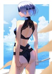 Rule 34 | 1girl, absurdres, adapted costume, ass, back cutout, bikini, black bikini, black blindfold, blindfold, breasts, clothing cutout, commentary request, covered eyes, day, from behind, halterneck, hara kenshi, highres, holding, holding weapon, making-of available, mole, mole under mouth, nier (series), nier:automata, ocean, short hair, sidelighting, silver hair, small breasts, solo, stick, swimsuit, tankini, weapon, 2b (nier:automata)