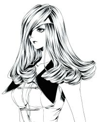 Rule 34 | 1girl, bare shoulders, beatrix (ff9), breasts, cleavage, collarbone, curly hair, eyepatch, final fantasy, final fantasy ix, greyscale, hair over one eye, highres, large breasts, long hair, looking to the side, monochrome, plunging neckline, ringlets, ruy, shirt, sleeveless, sleeveless shirt, solo, upper body, white background