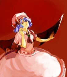 Rule 34 | 1girl, bad id, bad pixiv id, blue hair, female focus, gradient background, hat, remilia scarlet, ribbon, short hair, solo, tongue, touhou, wings