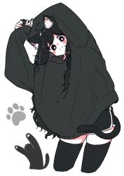 Rule 34 | 1girl, animal ears, arms up, black cat, black eyes, black hair, black hoodie, black shorts, black thighhighs, blush, bright pupils, cat, cat ears, cat tail, commentary request, cowboy shot, creature and personification, dolphin shorts, highres, hood, hoodie, light smile, long hair, looking at viewer, megateru, original, shorts, simple background, sleeves past wrists, solo, tail, thighhighs, white background, white pupils