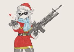 Rule 34 | assault rifle, belt, blowing kiss, earrings, elf, frieren, fur trim, gloves, grenade launcher, gun, hat, heart, highres, jewelry, leggings, long hair, m16, m16a4, m203, pantyhose, pointy ears, rifle, santa costume, santa hat, scarf, scope, sebinks, signature, simple background, sketch, sousou no frieren, sunglasses, thighs, underbarrel grenade launcher, weapon, white background