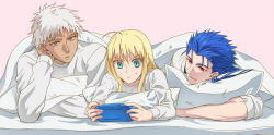Rule 34 | 1girl, 2boys, ahoge, alternate costume, archer (fate), artoria pendragon (fate), blanket, cu chulainn (fate), fate/stay night, fate (series), handheld game console, cu chulainn (fate/stay night), multiple boys, ooga, pajamas, pillow, pillow support, pink background, playing games, playstation portable, saber (fate), shared blanket, under covers