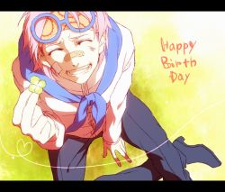 Rule 34 | 1boy, akizuki hakuto, bandages, bandana, birthday, koby (one piece), eyewear on head, happy birthday, letterboxed, male focus, one piece, pink hair, sitting, smile, solo
