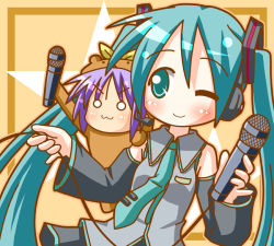 Rule 34 | &gt;:3, 00s, 2girls, :3, bare shoulders, bear tsukasa, blush, capybara-san, chibi, detached sleeves, hatsune miku, headset, hiiragi tsukasa, lucky star, microphone, minami (colorful palette), multiple girls, necktie, o o, pinky out, smile, twintails, v-shaped eyebrows, vocaloid, wink