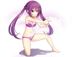 Rule 34 | 1girl, absurdres, bare arms, bare legs, bare shoulders, barefoot, blush, bra, commentary request, doily, finger gun, frilled bra, frilled panties, frills, full body, gochuumon wa usagi desu ka?, hair between eyes, hair ornament, hairclip, highres, long hair, nanakusa amane, navel, on one knee, panties, parted lips, plaid, plaid bra, plaid panties, purple bra, purple eyes, purple hair, purple panties, ribbon-trimmed bra, ribbon-trimmed panties, shadow, sidelocks, solo, tedeza rize, twintails, underwear, underwear only, v-shaped eyebrows, very long hair
