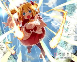 Rule 34 | 1girl, amagase lyle, ascot, black pantyhose, blonde hair, blue eyes, blue sky, blush, capelet, cloud, danmaku, fang, female focus, fire, fisheye, fire, hair ribbon, long sleeves, open mouth, pantyhose, pointing, pointing at viewer, ribbon, shirt, short hair, skirt, sky, smile, solo, sunny milk, surprised, touhou, tree, twintails, wide sleeves