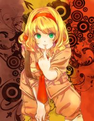 Rule 34 | 1girl, axis powers hetalia, belgium (hetalia), bent over, blonde hair, breasts, cerchio-y, finger to mouth, green eyes, hair ribbon, hairband, highres, lips, military, military uniform, necktie, ribbon, sleeves rolled up, solo, toiu, uniform