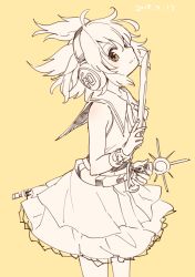 Rule 34 | 1girl, bare shoulders, beige background, blouse, bracelet, breasts, brown eyes, closed mouth, commentary request, dated, earmuffs, feet out of frame, from side, holding, holding stick, jewelry, light blush, light smile, looking at viewer, makuwauri, monochrome, pointy hair, profile, ritual baton, sheath, sheathed, shirt, short hair, sideways glance, simple background, sleeveless, sleeveless shirt, small breasts, solo, spot color, standing, stick, sword, touhou, toyosatomimi no miko, weapon, yellow background