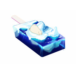 Rule 34 | animal focus, artist name, bear, chai (drawingchisanne), commentary, food, ice, lying, no humans, ocean, on stomach, original, polar bear, popsicle, popsicle stick, signature, simple background, undersized animal, water, white background