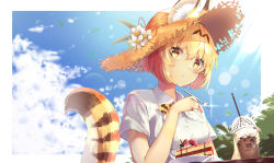 Rule 34 | 1girl, :/, absurdres, adapted costume, animal ears, animal ears (norankkori), blonde hair, blue sky, bow, bowtie, cake, cloud, collared shirt, commentary request, day, ears through headwear, flower, food, food request, fork, frappuccino, hair between eyes, hat, hat flower, highres, japari symbol, kemono friends, lens flare, looking at viewer, outdoors, plate, print bow, print bowtie, print neckwear, serval (kemono friends), serval print, serval tail, shirt, short hair, short sleeves, sky, solo, straw hat, sunlight, tail, white shirt, yellow eyes