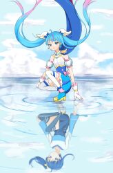 Rule 34 | 1girl, ahoge, bare shoulders, blue cape, blue eyes, blue hair, cape, capelet, cure sky, cut bangs, detached sleeves, fingerless gloves, floating cape, floating hair, full body, gloves, head wings, highres, hirogaru sky! precure, looking at viewer, magical girl, miniskirt, multicolored hair, pink hair, precure, reflection, side ponytail, skirt, sky, sora harewataru, thighhighs, tnsl mayo, twintails, water, white gloves, white thighhighs, wings
