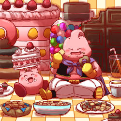 Rule 34 | bad id, bad pixiv id, blush, cake, candy, checkerboard cookie, chewing gum, chocolate, chocolate cake, colored skin, cookie, crossover, cupcake, doughnut, dragon ball, dragonball z, drinking straw, closed eyes, food, food focus, food on face, fruit, full body, glass, kirby, kirby (series), majin buu, muffin, nintendo, no humans, pink skin, sayonara gerongeron, sitting, smile, strawberry, strawberry shortcake, talk, trait connection