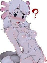 Rule 34 | 10s, 1girl, :d, ?, absurdres, bare shoulders, black eyes, blush, breasts, cleavage, cleft of venus, collarbone, gills, highres, kemono friends, lingerie, long hair, masuyama ryou, medium breasts, mexico salamander (kemono friends), navel, negligee, no panties, nose blush, open mouth, pussy, salamander tail, see-through, smile, solo, tail, underwear, white hair