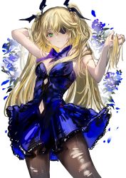 Rule 34 | 1girl, absurdres, arm up, bare shoulders, black ribbon, blonde hair, blue bow, blue dress, blush, bow, bowtie, breasts, brown thighhighs, closed mouth, clothing cutout, commentary, dress, eyepatch, fischl (genshin impact), frown, gawako, genshin impact, green eyes, hair between eyes, hair ornament, hair ribbon, hand in own hair, hand up, highres, long hair, looking at viewer, navel cutout, ribbon, simple background, small breasts, solo, thighhighs, torn clothes, torn thighhighs, two side up, white background