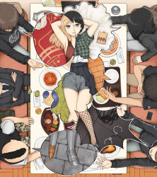 Rule 34 | 1girl, 6+boys, afro, armor, arms behind head, black eyes, black hair, blonde hair, blue eyes, book, camouflage, cat o&#039; nine tails, cellphone, cuffs, curry, denim, denim shorts, eating, fishnets, food, formal, french fries, from above, glasses, greaves, hakama, hakama skirt, handcuffs, highres, japanese clothes, long hair, lying, mohawk, multiple boys, necktie, on back, original, phone, pizza, plate, restaurant, scabbard, sheath, short hair, shorts, skirt, smartphone, speech bubble, steak, suit, table, thought bubble, whip, yajirushi (chanoma)