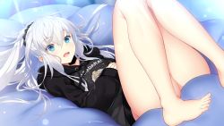 Rule 34 | 1girl, akatsuki yureru koi akari, barefoot, bed, blue eyes, blush, breasts, feet, female focus, from below, game cg, groin, hair between eyes, hands up, high ponytail, hood, hooded jacket, hoodie, jacket, knees together feet apart, legs, legs up, light blush, long hair, looking at viewer, lying, nose blush, on bed, open mouth, original, small breasts, solo, suzakuin momiji, thighs, toes, usume shirou, white hair