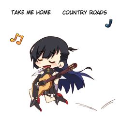 Rule 34 | 1girl, anchor symbol, azur lane, bare shoulders, black gloves, black hair, black jacket, black shirt, blue hair, blush, chibi, closed eyes, coat, commentary, cropped torso, english commentary, english text, gloves, gradient hair, guitar, half updo, instrument, jacket, jumping, long hair, long sleeves, lyrics, mole, mole under eye, motion lines, multicolored hair, music, musical note, off shoulder, open mouth, playing instrument, rudder footwear, shirt, shoes, simple background, singing, sleeveless, sleeveless shirt, smile, solo, upper body, west virginia (azur lane), white background, wide sleeves, zeldin